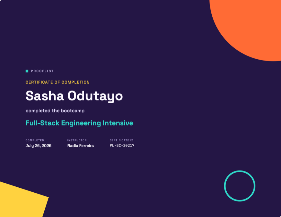 Bold Geometric template: deep indigo landscape certificate with a large orange circle, a yellow shape and a teal outlined circle.