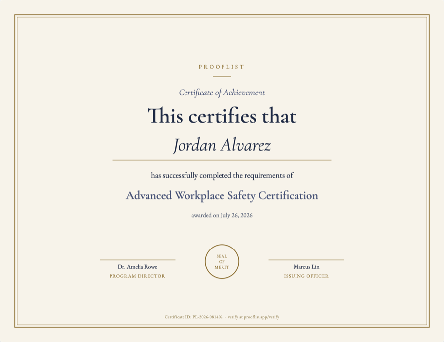 Classic Formal template: cream stock with a gold double border, navy serif type, a central seal and two signature lines.
